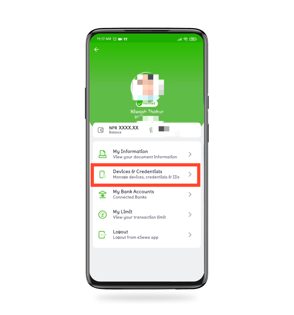 devices and credentials in eSewa