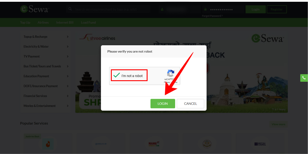 Verify the captcha and click on Login.